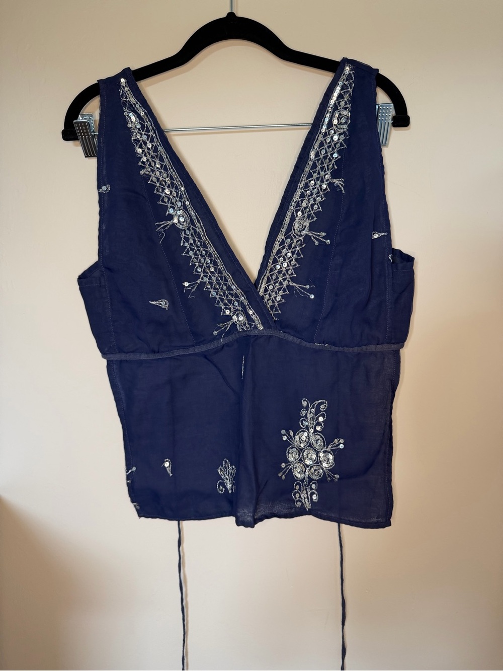 Embroidered Deep V Navy Women’s Tank Top